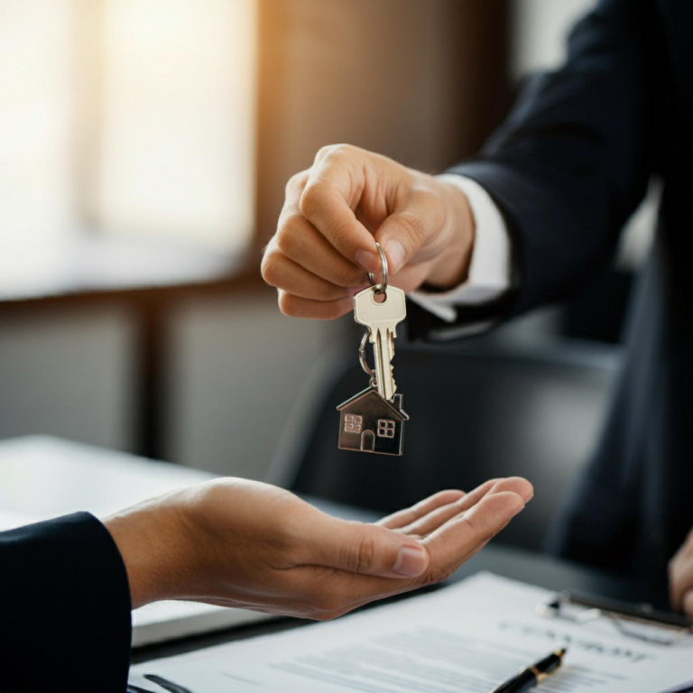 Real estate agent handing house keys to a new homeowner over closing documents